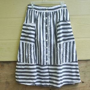 Black and white stripe button front midi skirt